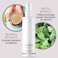 ALURAM Coconut Water Leave-In damp hair ready-to-style scene shows detangling and quick prep.