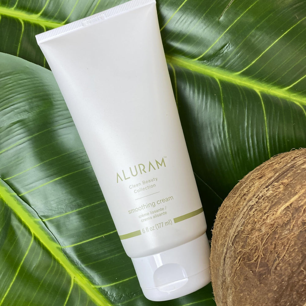 ALURAM Coconut Water Smoothing Cream shows shiny hair after use for smoother styling.