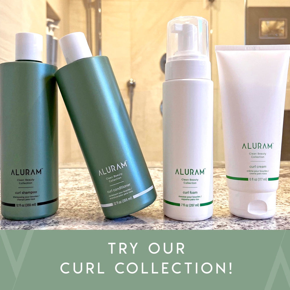 ALURAM Curl Cream frizz-control image features controlled, polished curls in humidity