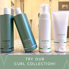 ALURAM Curl Cream frizz-control image features controlled, polished curls in humidity