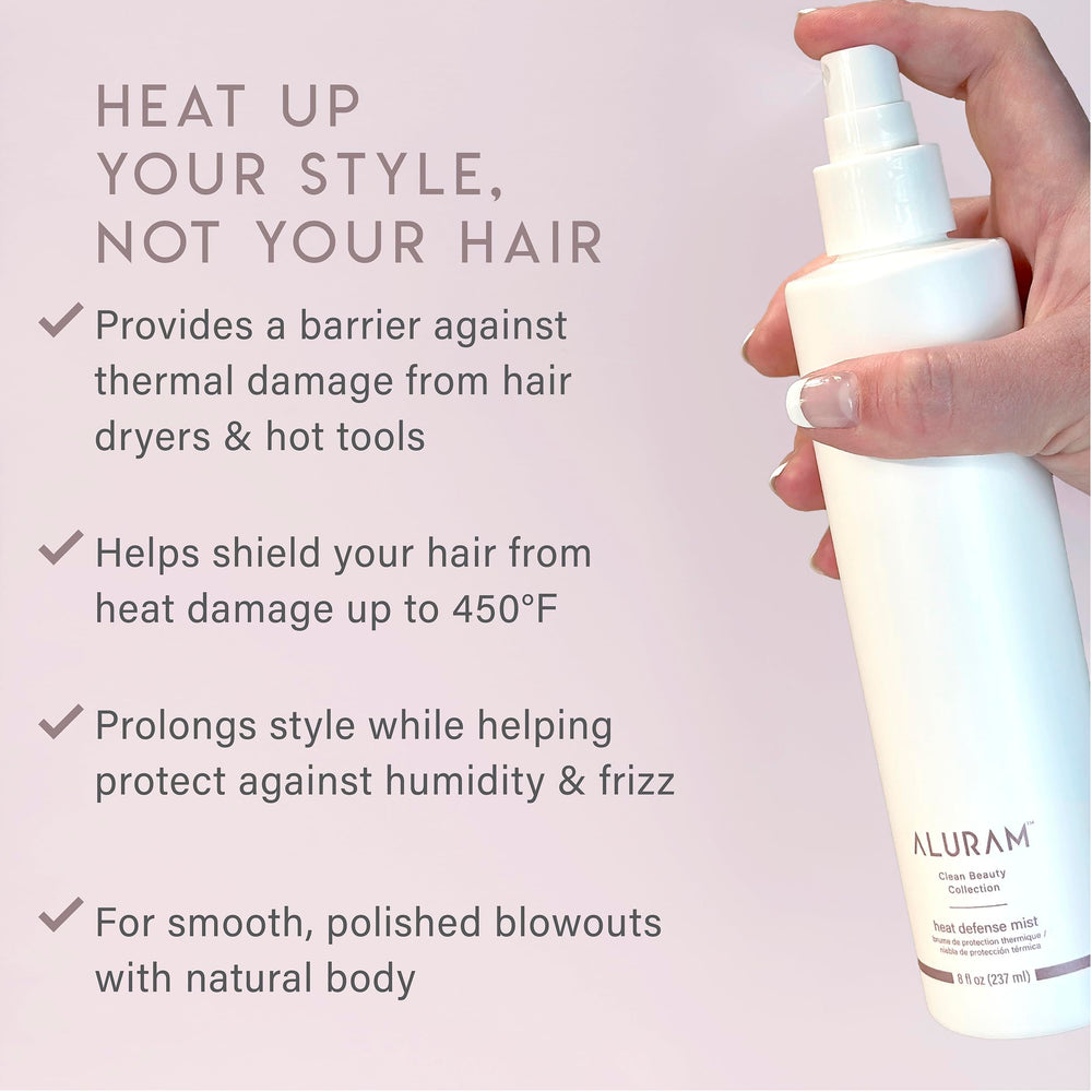 ALURAM Heat Defense Mist shine closeup highlights enhanced hair radiance with nourishment.