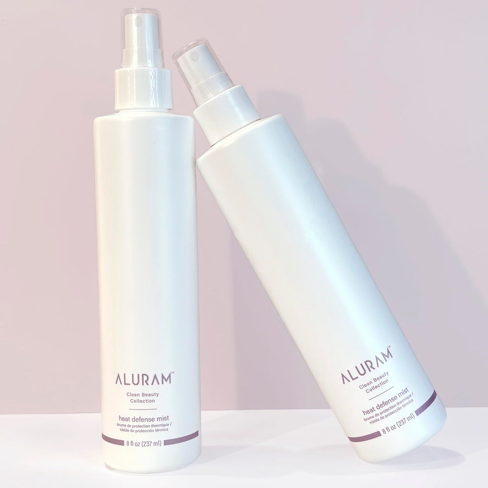 ALURAM Heat Defense Mist spray action demonstrates even distribution for quick protection.