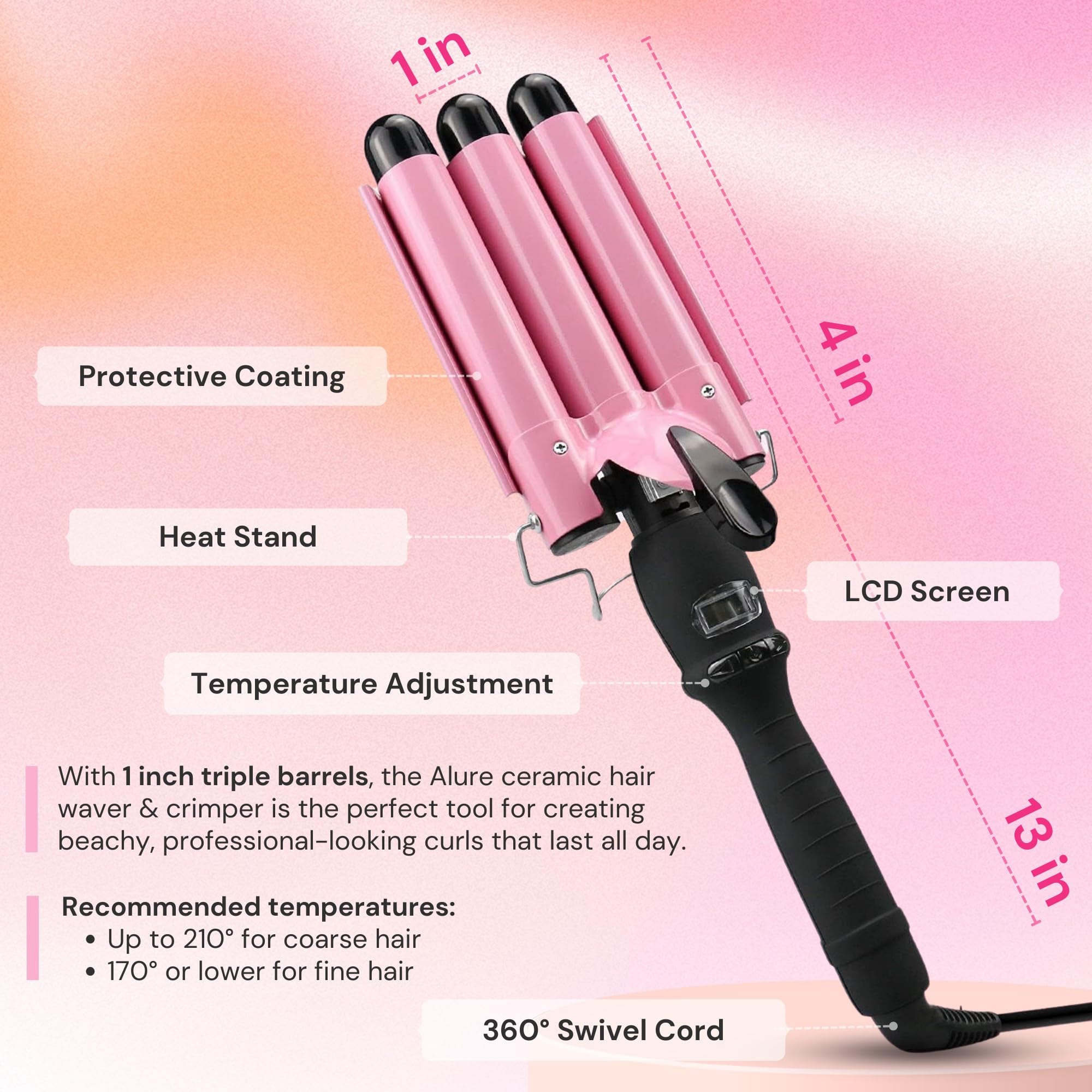 Alure curling iron features a non-slip handle for comfortable grip during styling.