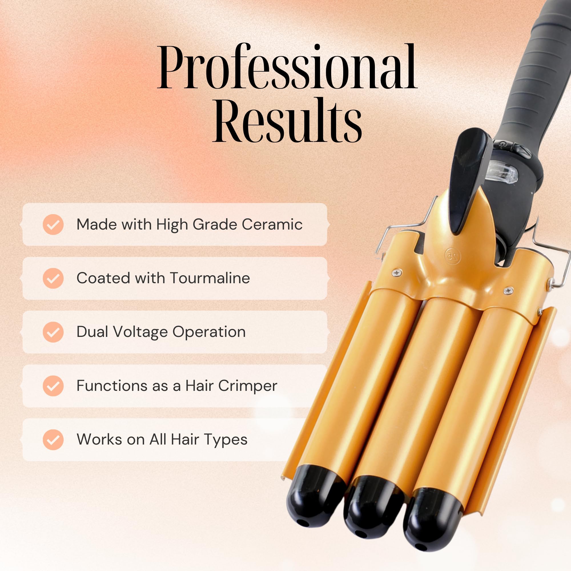 Alure ceramic-tourmaline barrels smooth waves with reduced frizz.