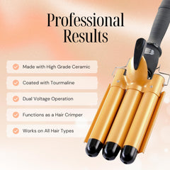 Alure ceramic-tourmaline barrels smooth waves with reduced frizz.