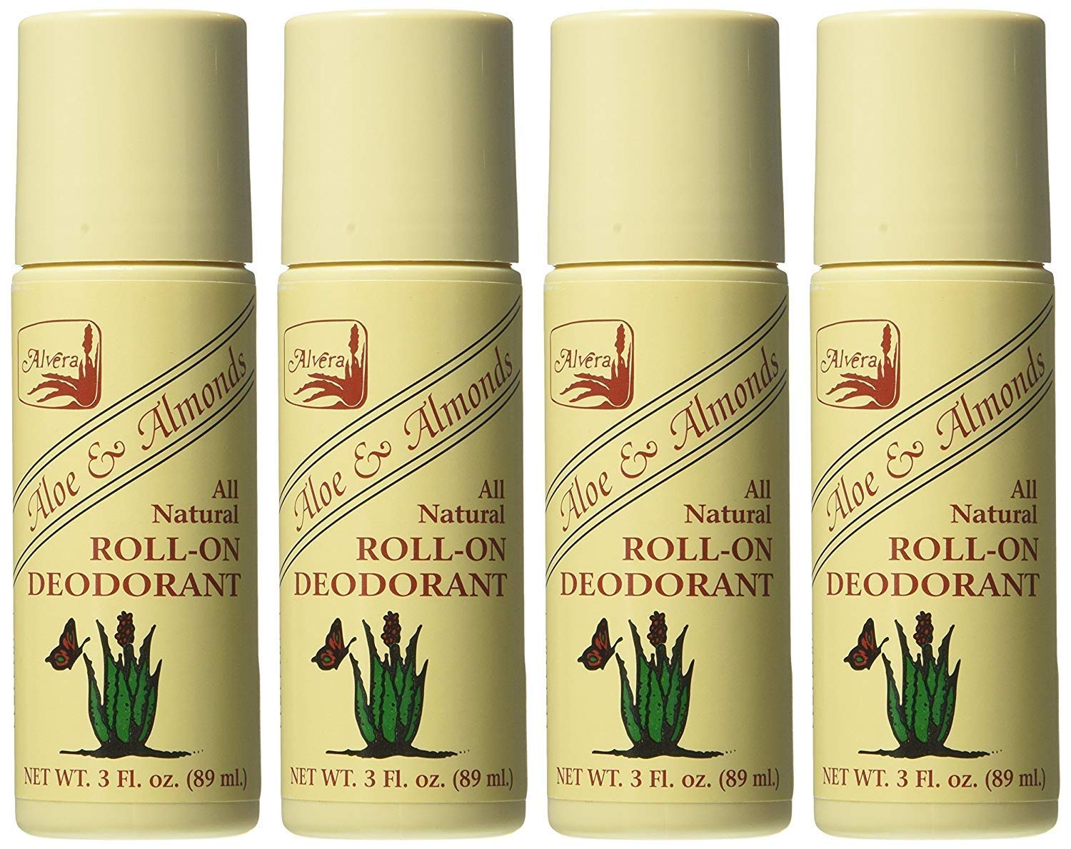 Alvera all natural roll-on deodorant Aloe & Almonds bottle promotes long-lasting freshness.