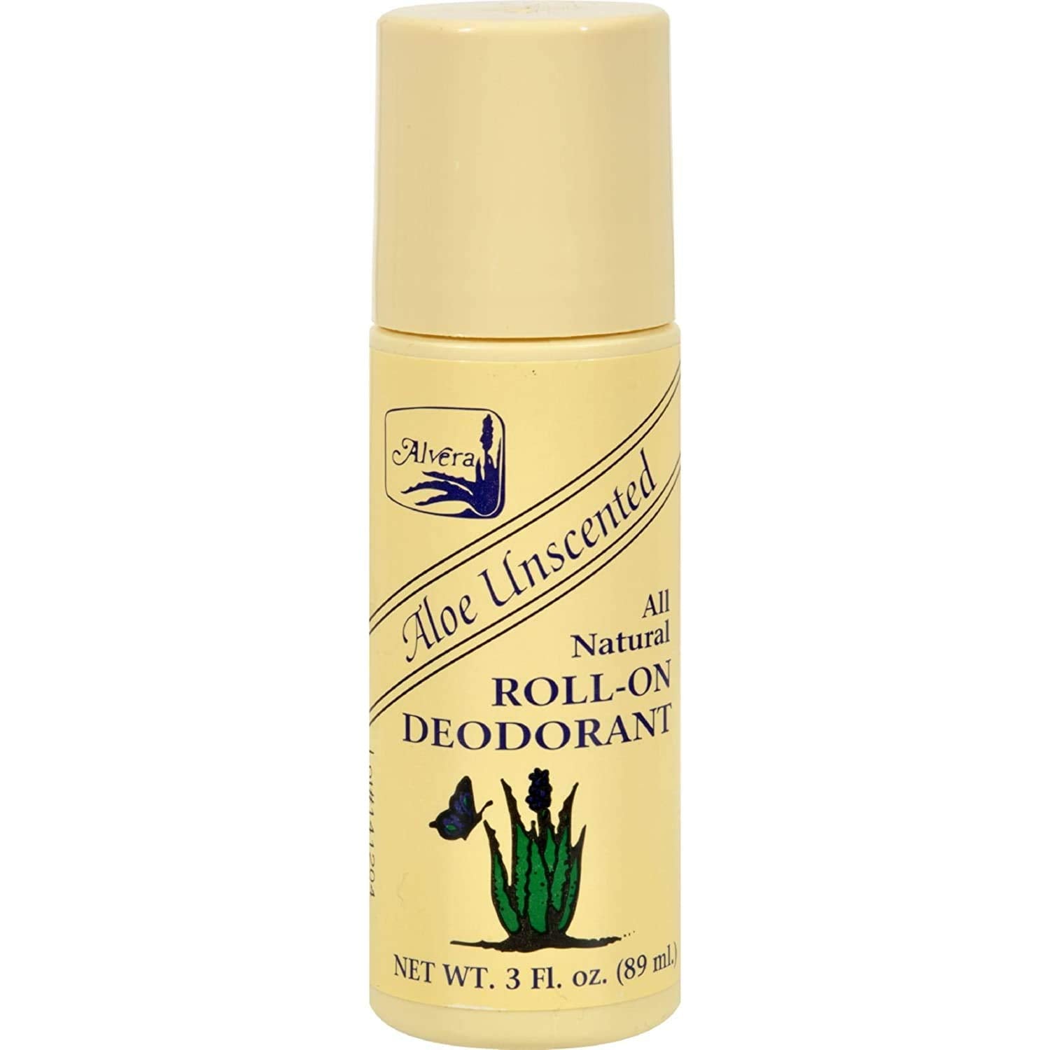 Alvera roll-on deodorant Aloe Unscented bottle closeup shows fragrance-free, sensitive-skin care.