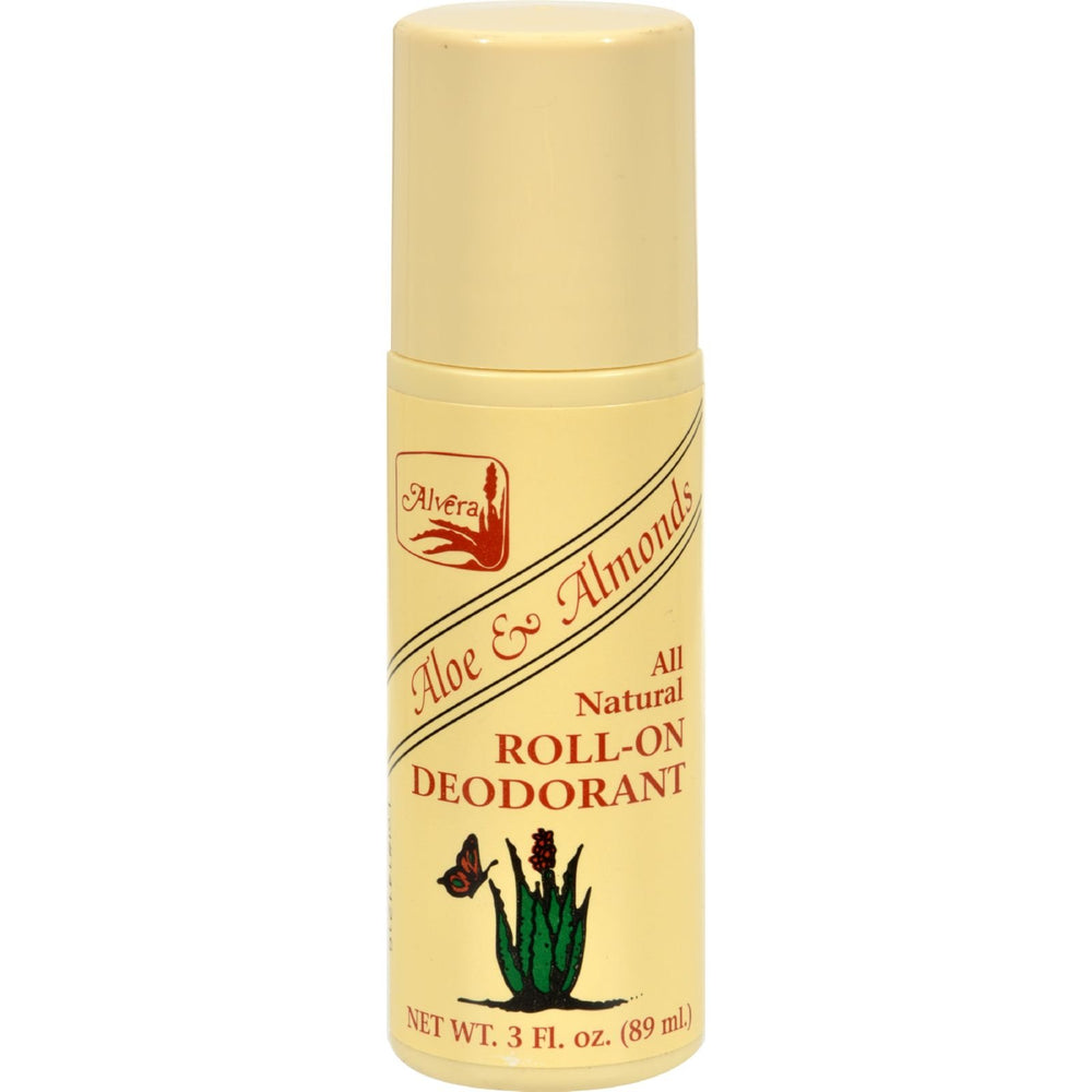 Alvera desodorante roll-on Aloe y Almendras, vista frontal del envase para uso diario