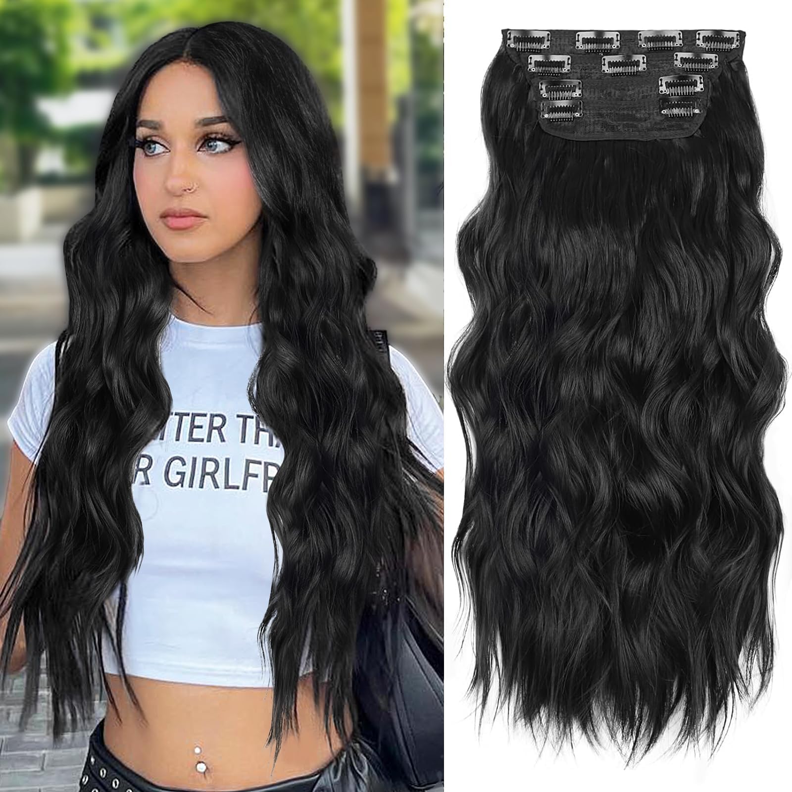 ALXNAN clip-in 24in long wavy black close-up for natural volume