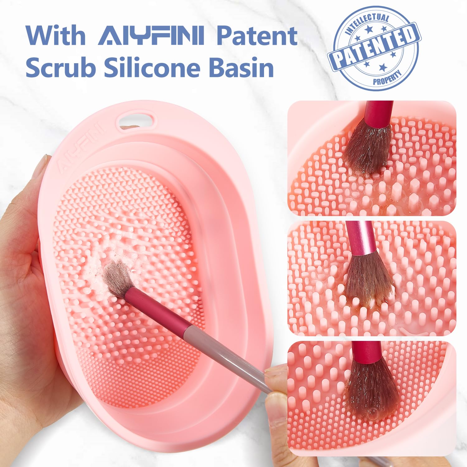 Alyfini sponge and puff cleaner removing makeup and oils from sponges.