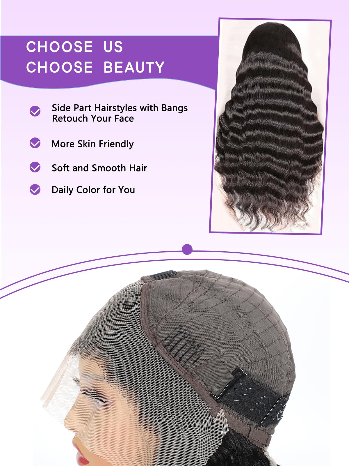 ALYOGA Deep Wave Wig 13x6 pre-plucked knots for seamless front and natural look.