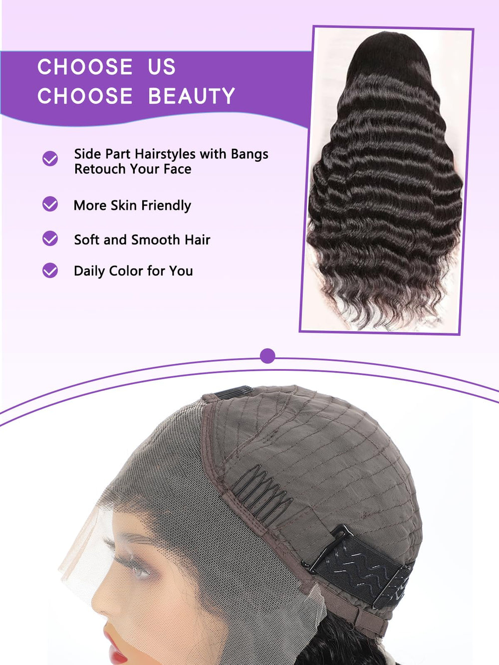 ALYOGA Deep Wave Wig 13x6 pre-plucked knots for seamless front and natural look.