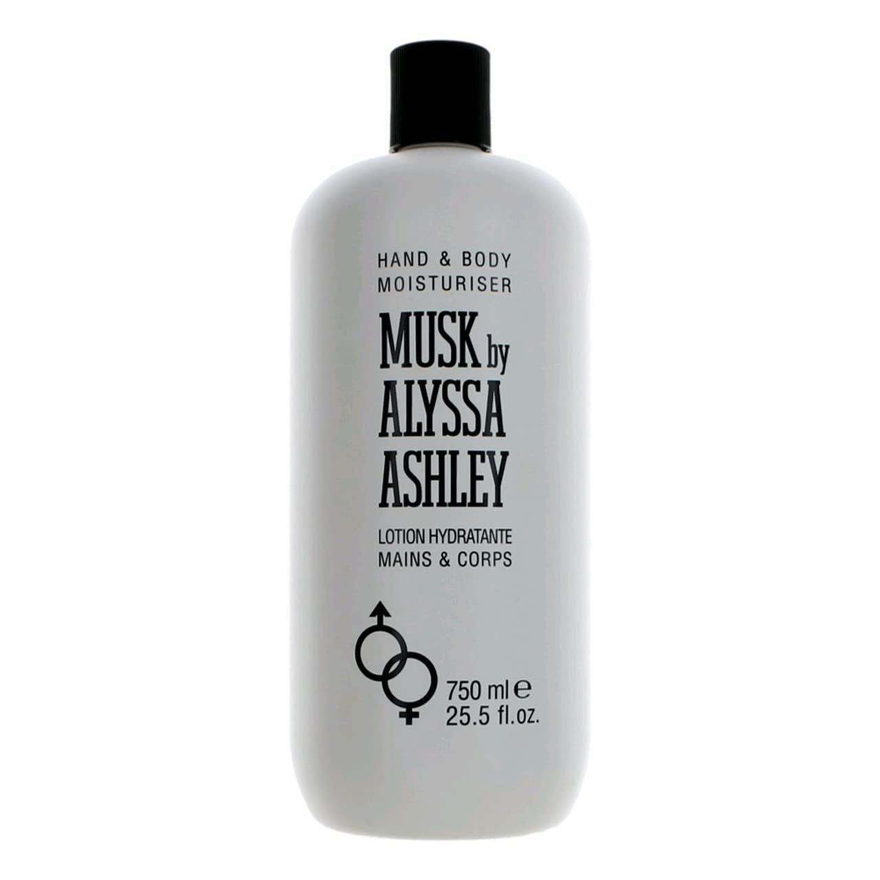 Alyssa Ashley Musk Body Lotion bottle pour shows fast-absorbing hydration for daily use.