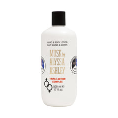 Alyssa Ashley Musk Hand Body Lotion label close-up highlighting brand for everyday hydration