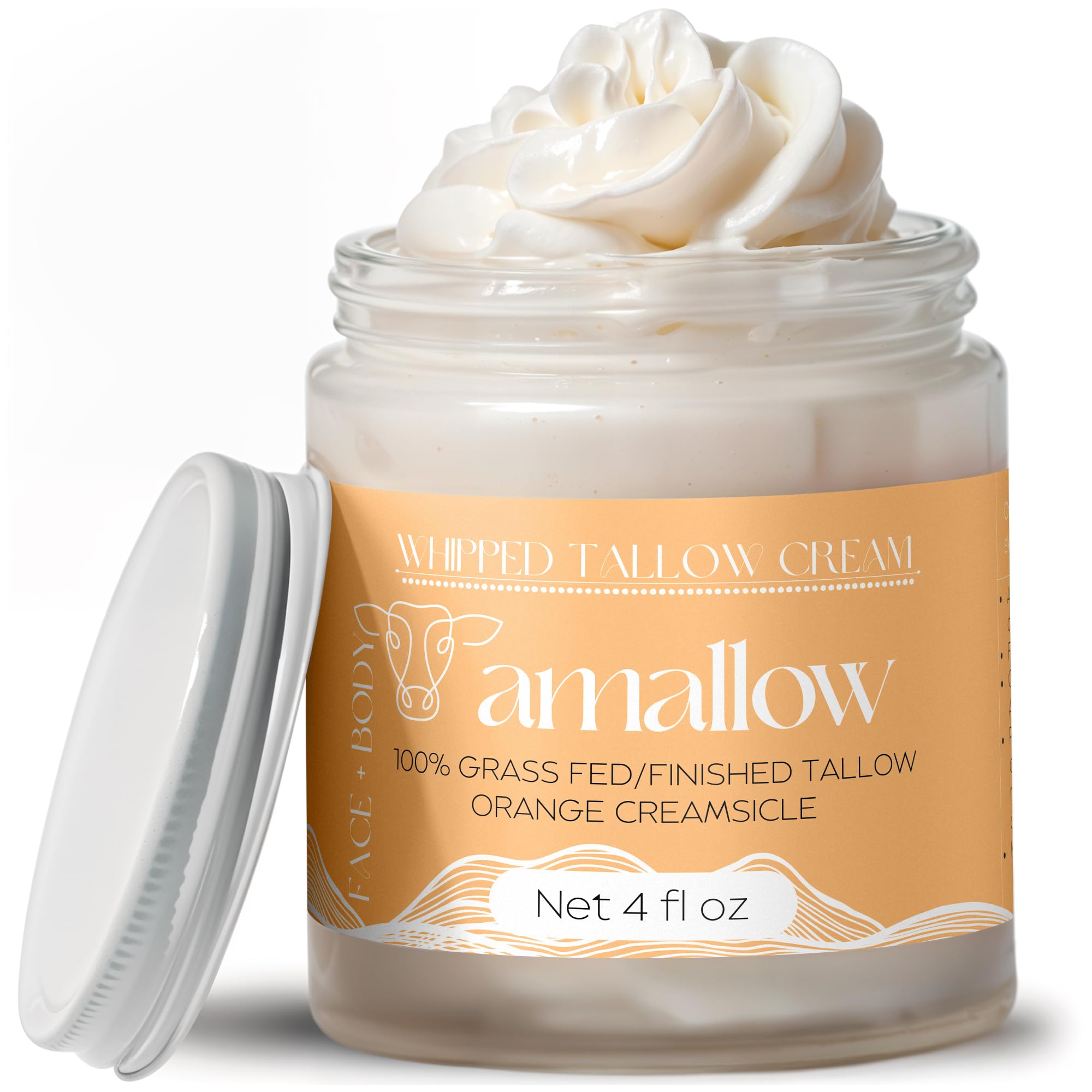 Amallow beef tallow whipped moisturizer jar with orange creamsicle scent hydrates sensitive skin.