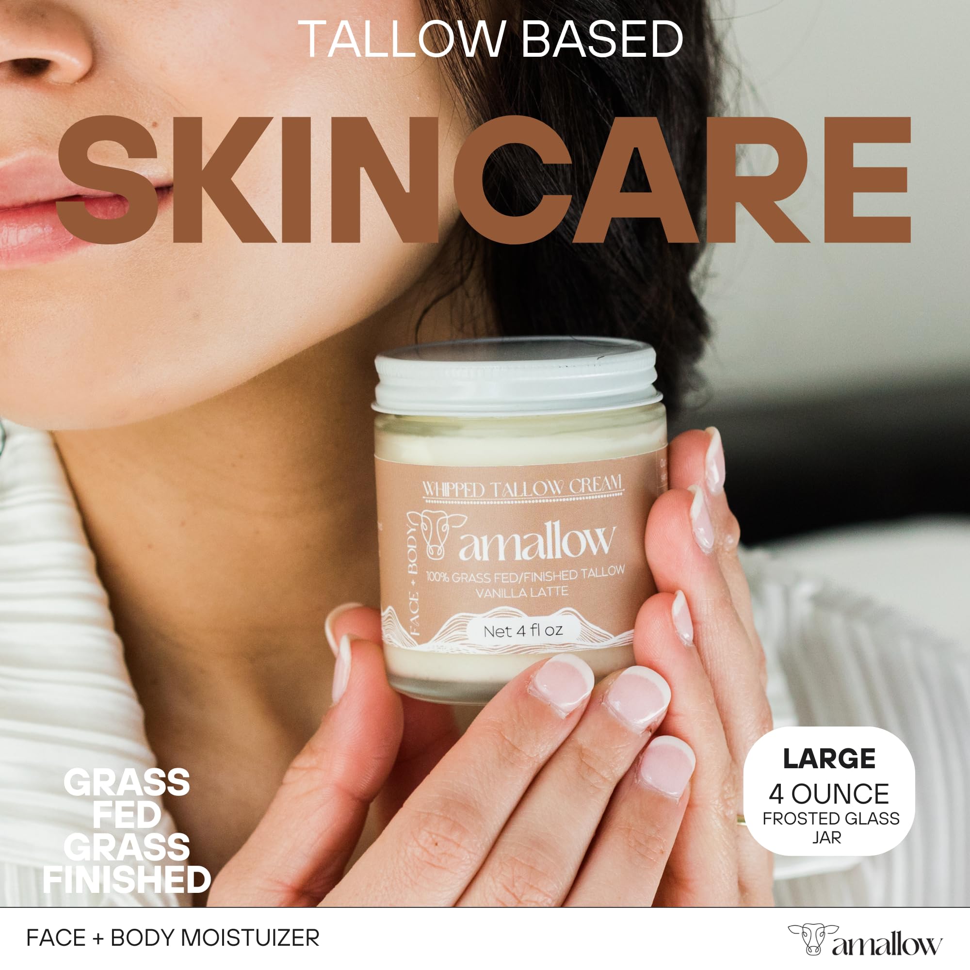 Amallow face and body care bottle highlights versatile tallow skincare for daily use.