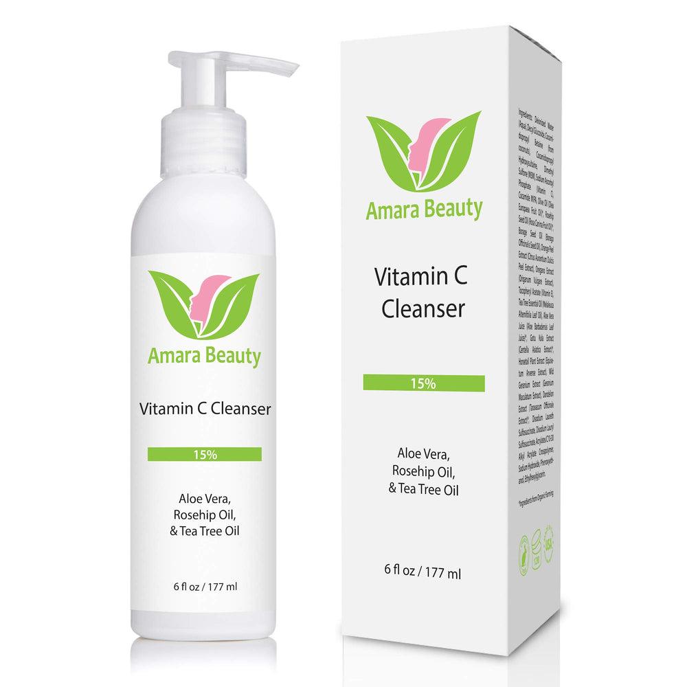 Amara Beauty Facial Cleanser bottle pour shows a refreshing cleanse