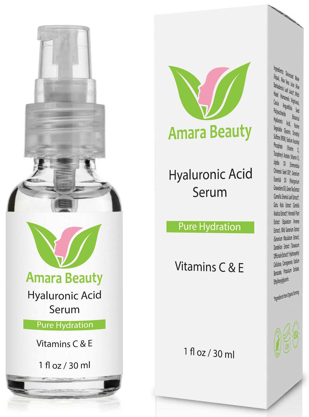 Amara Beauty Hyaluronic Acid Serum bottle delivering hydration for silky skin.