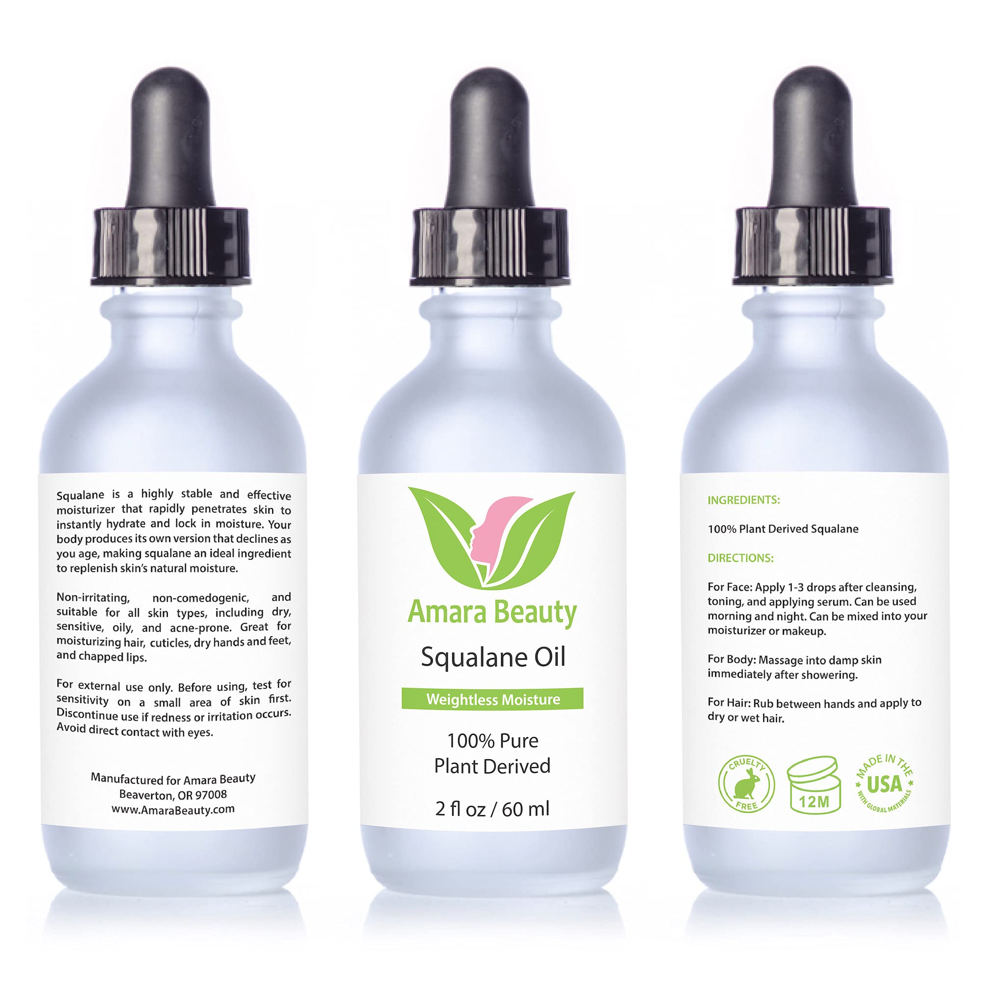 Amara Beauty Squalane bottle closeup highlights plant-based, skin-friendly formula.