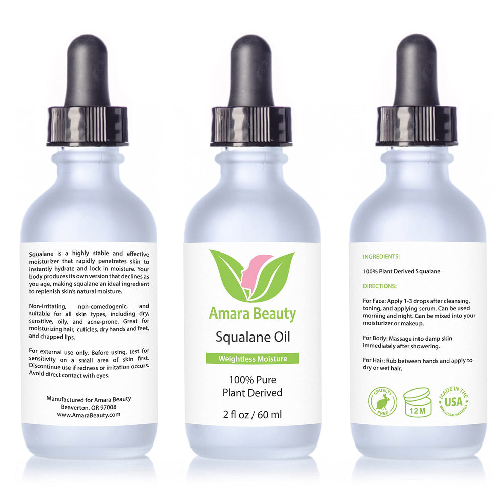 Amara Beauty Squalane bottle closeup highlights plant-based, skin-friendly formula.