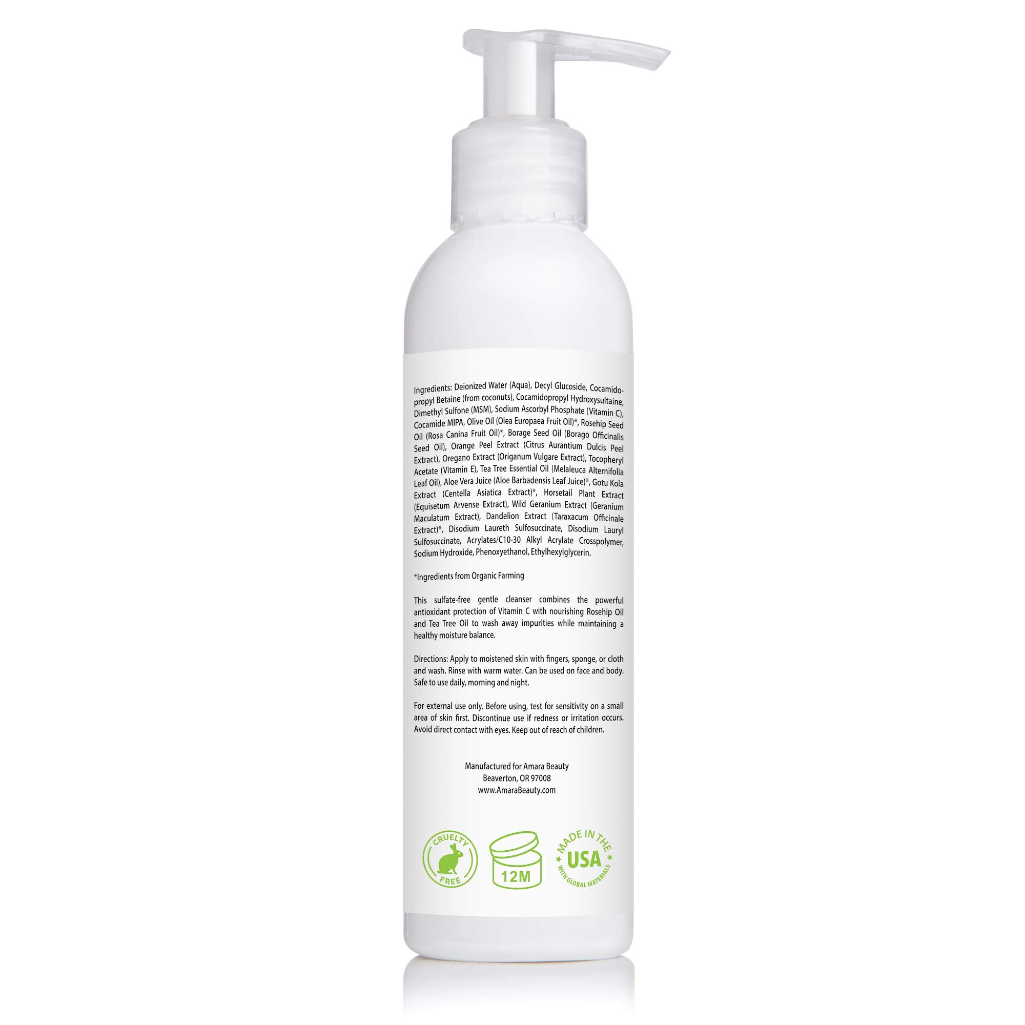 Amara Beauty Facial Cleanser ingredients highlight vitamin C, aloe and rosehip oil for balanced skin