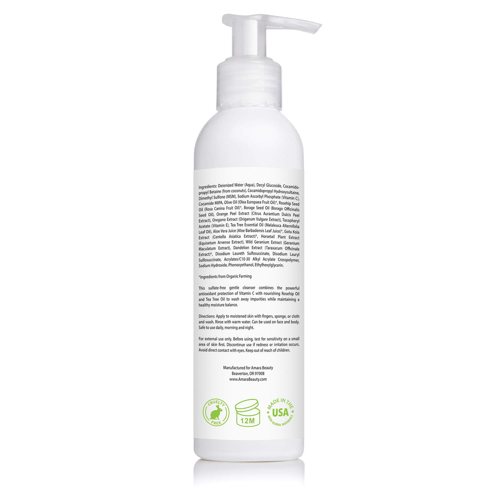 Amara Beauty Facial Cleanser ingredients highlight vitamin C, aloe and rosehip oil for balanced skin
