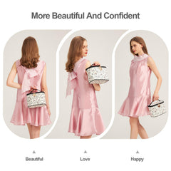AmBealla canvas organizer features an inner side pocket for lipstick, perfume, or jewelry.