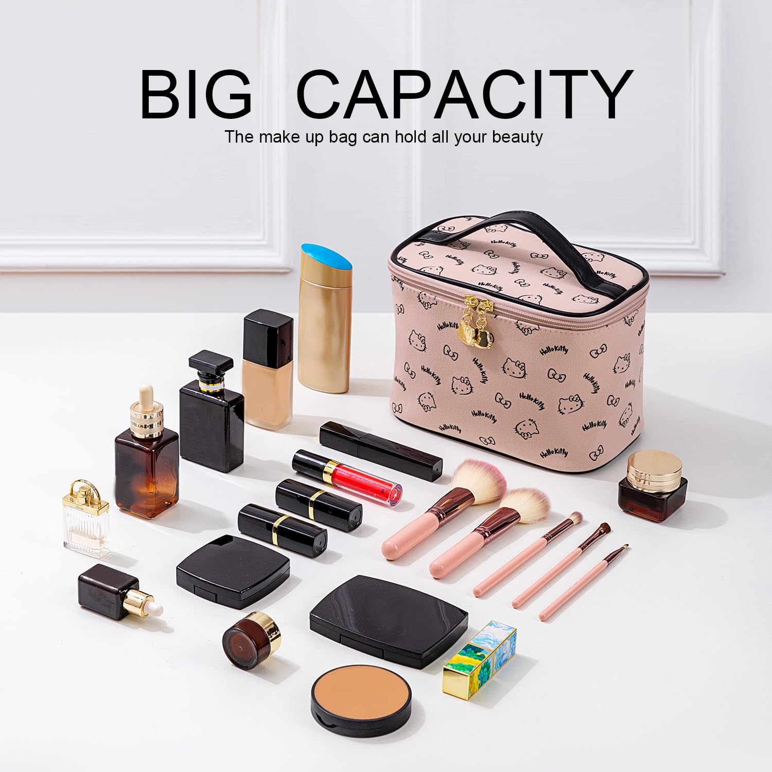 AmBealla makeup bag side pocket detail for extra small-item storage.
