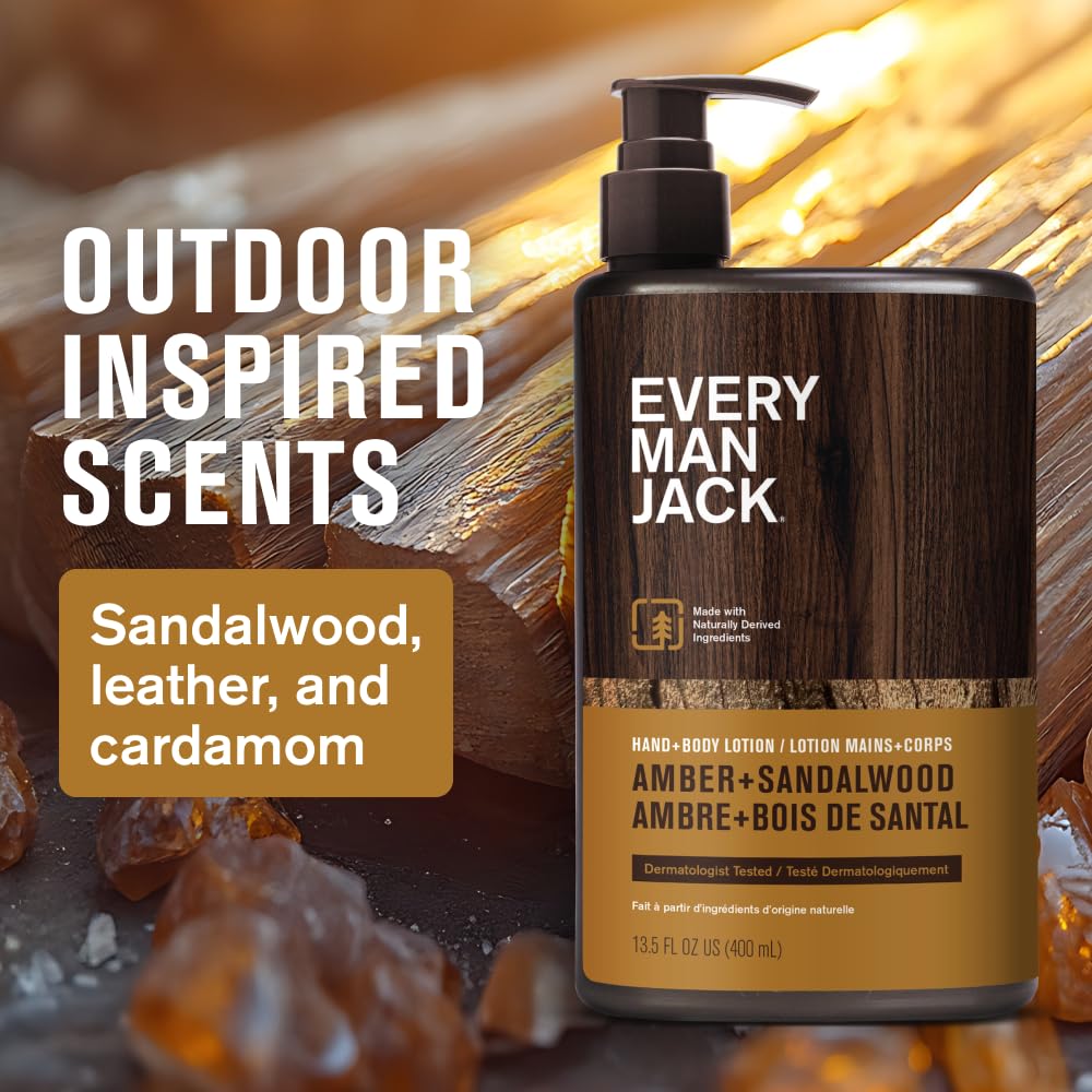Every Man Jack Amber + Sandalwood lotion label close-up woodsy scent