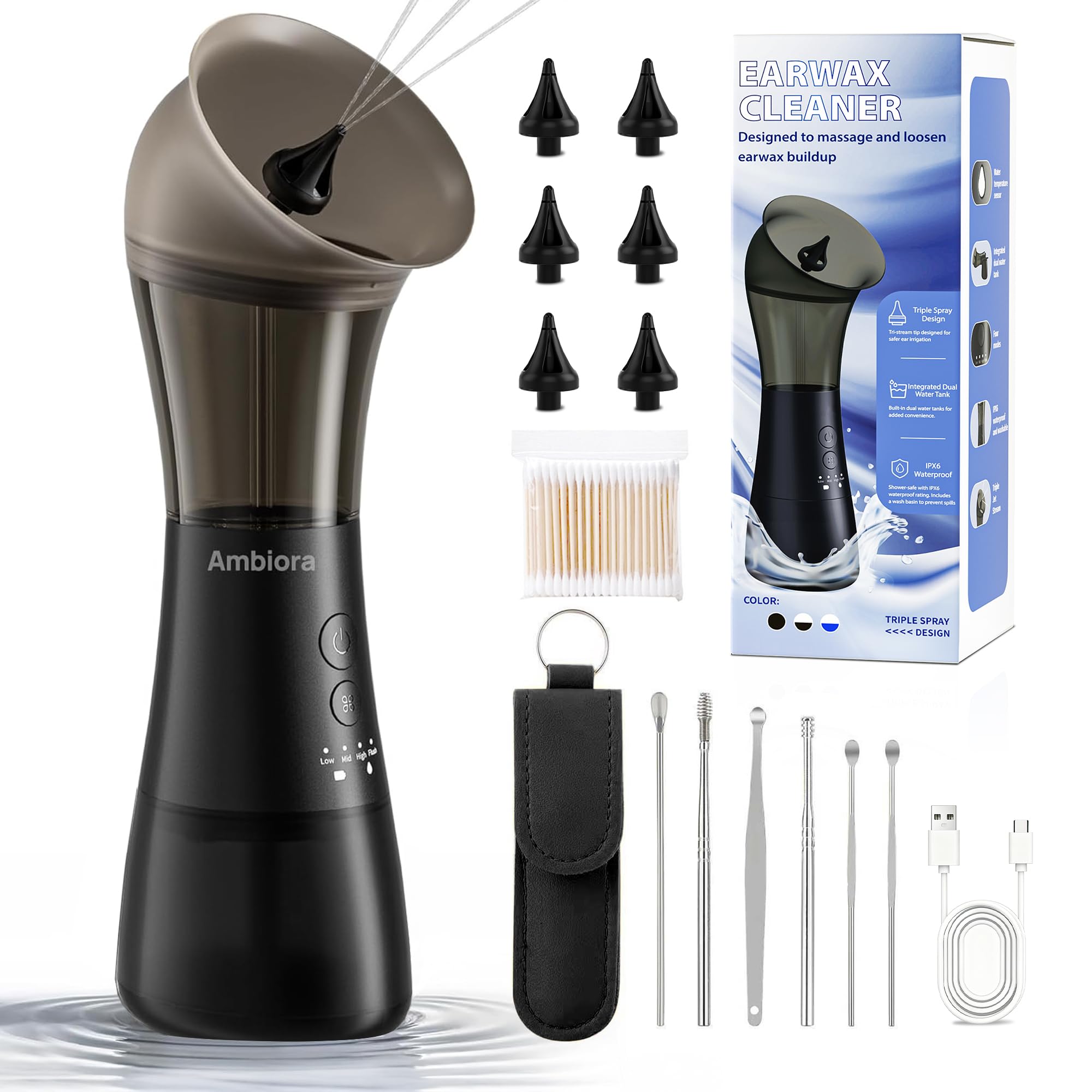 AMBIORA ear wax removal with one piece tank shows simple maintenance and clean design