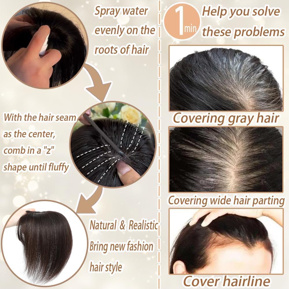 Amchoice real human hair topper 3D wispy bangs close-up for natural blend