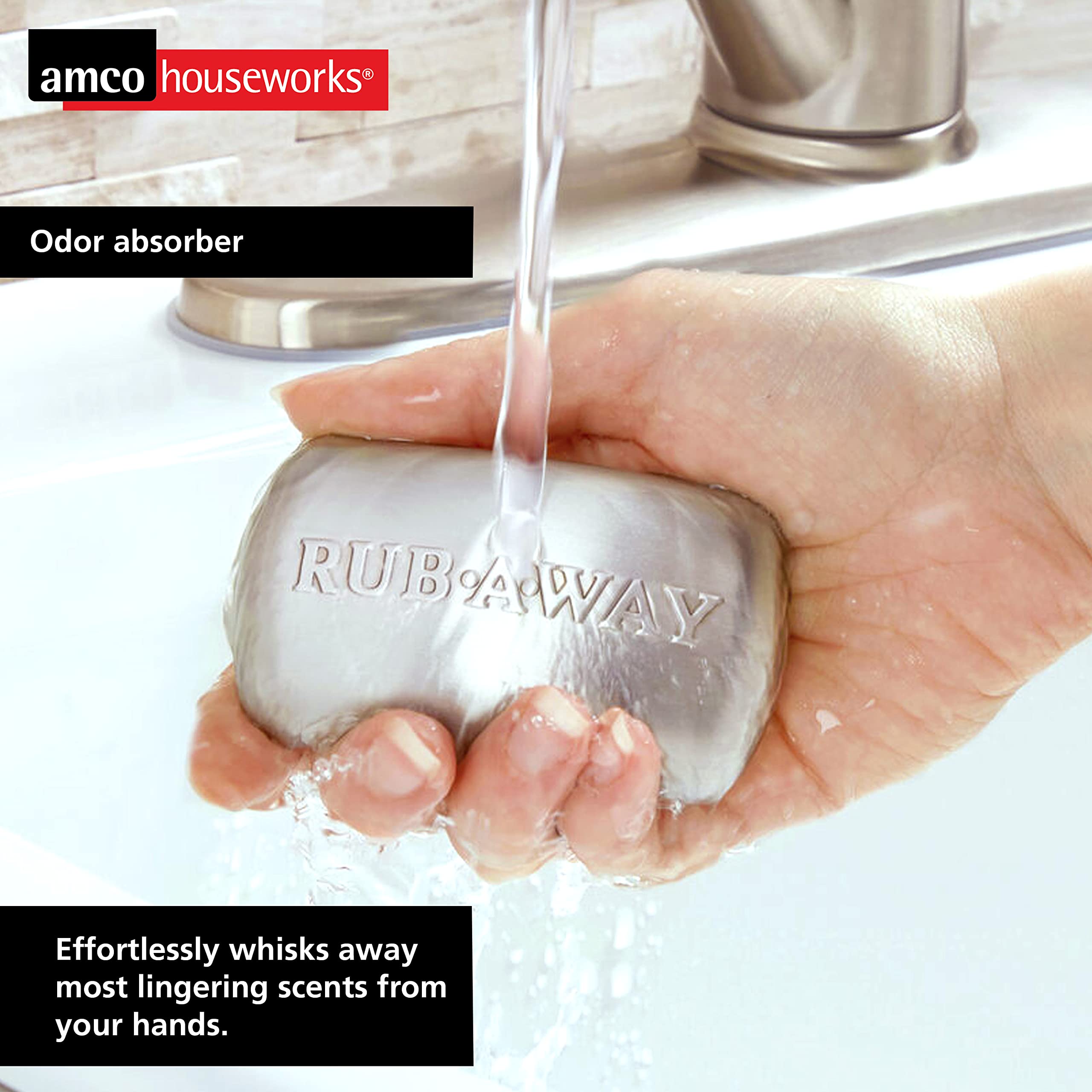 Amco Rub Away Bar dishwasher-safe badge highlights quick, easy cleaning after use.