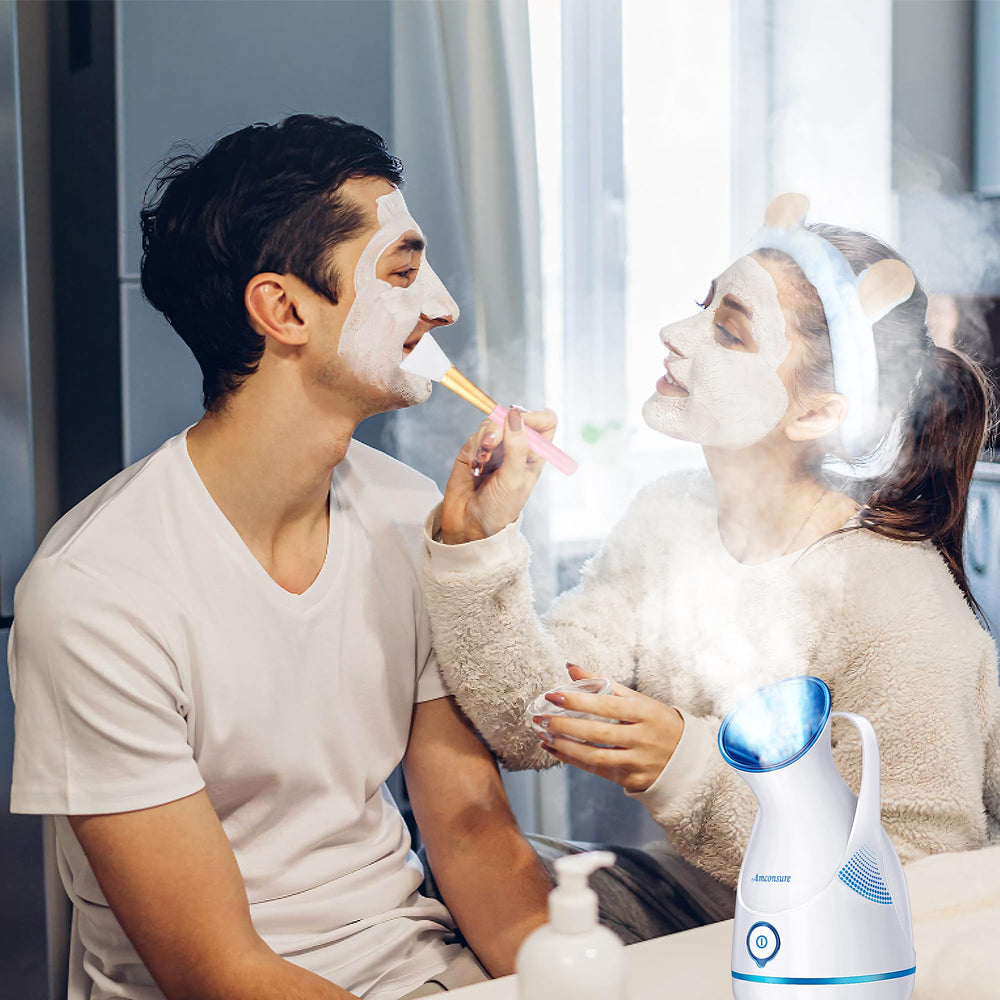 Amconsure facial steamer setup in bathroom handling warm mist ambiance.
