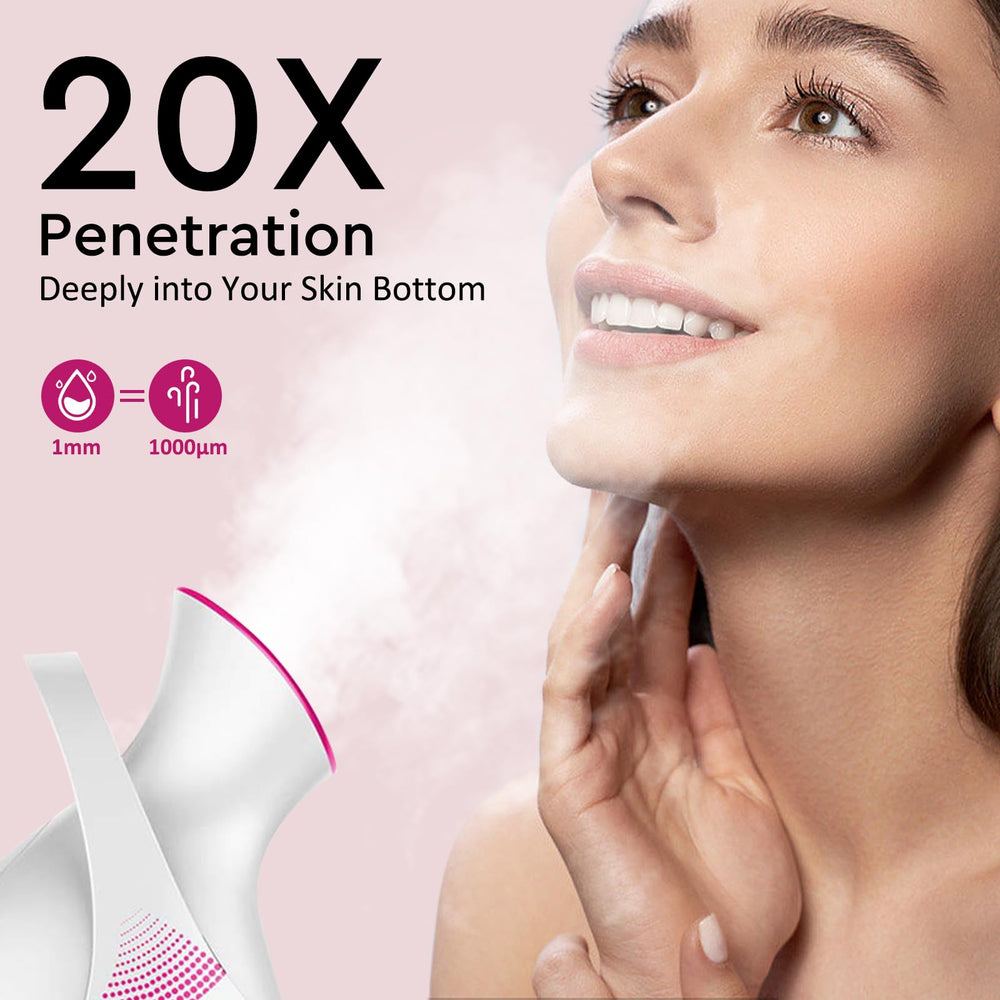 Amconsure facial steamer mist close-up highlighting nano-ionic hydration potential