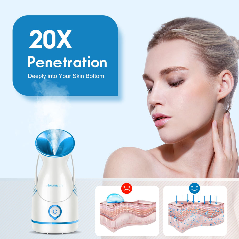 Amconsure facial steamer pore cleanse shot illustrating open pores and gentle cleansing.