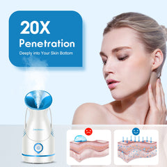 Amconsure facial steamer pore cleanse shot illustrating open pores and gentle cleansing.