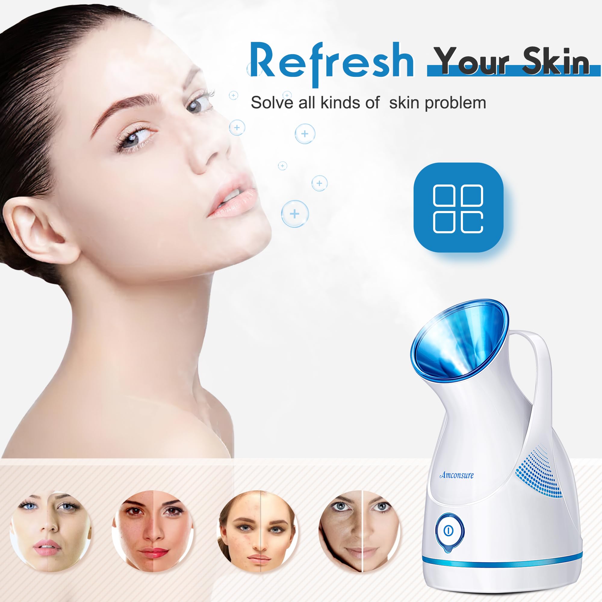 Amconsure nano ion steamer mist close up demonstrating fine mist for deeper hydration.