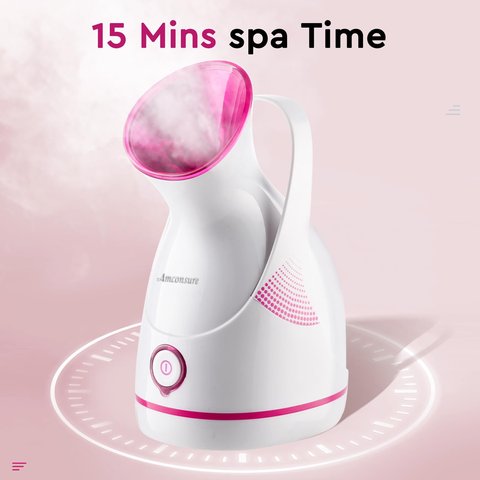 Amconsure steamer nozzle close-up shows warm mist for relaxation