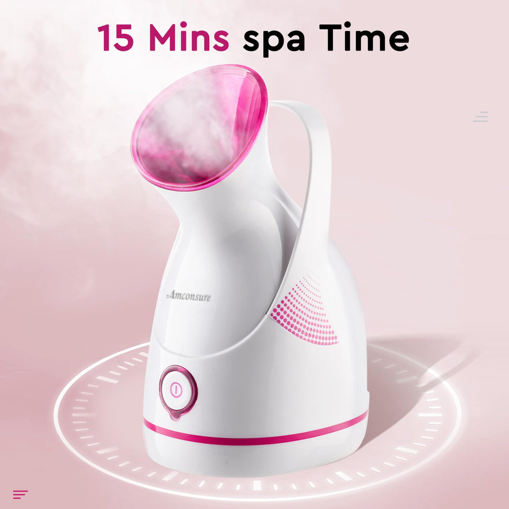 Amconsure steamer nozzle close-up shows warm mist for relaxation