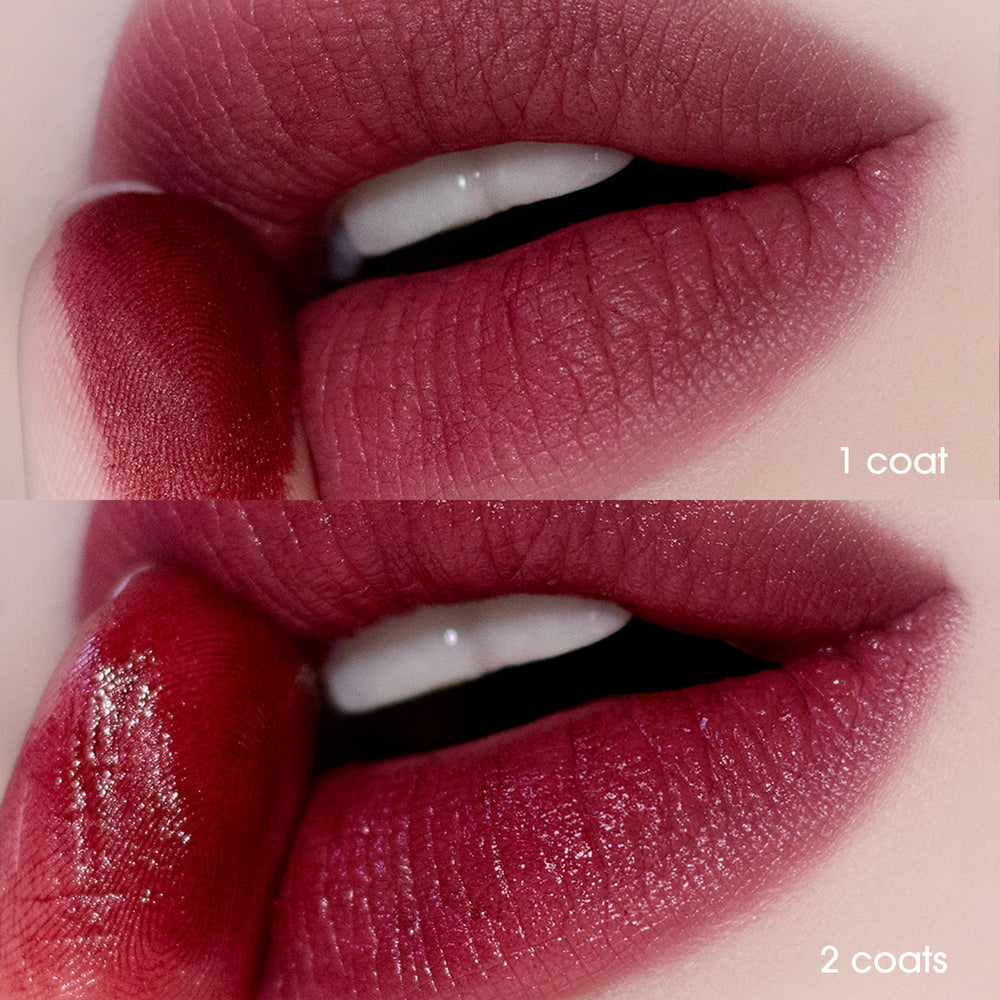 AmeliSeoul Plat Lips 927 Burgundy closeup shows texture and semi-gloss satin finish.