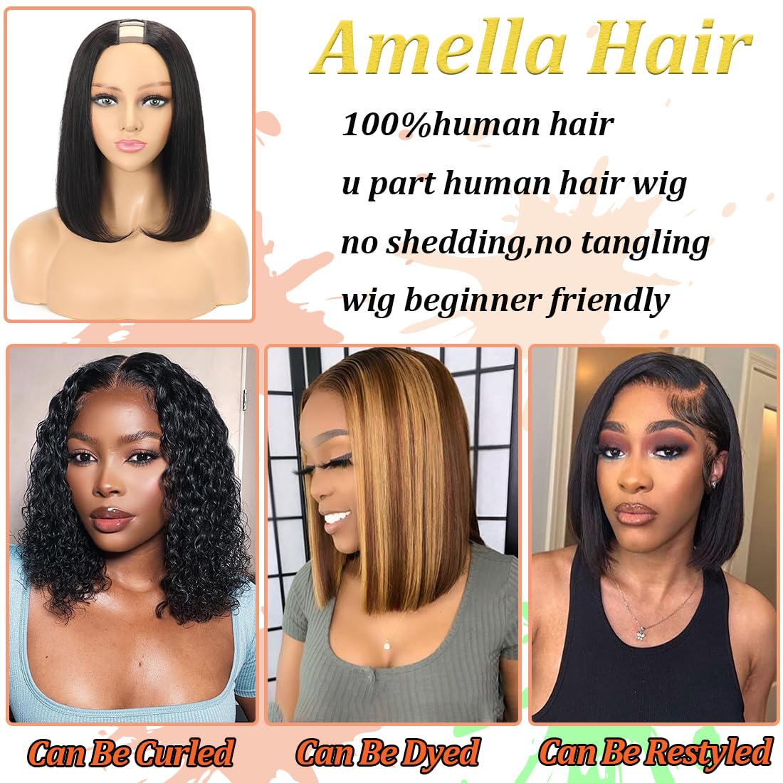 Amella U Part Wig in natural black color blends with real hair