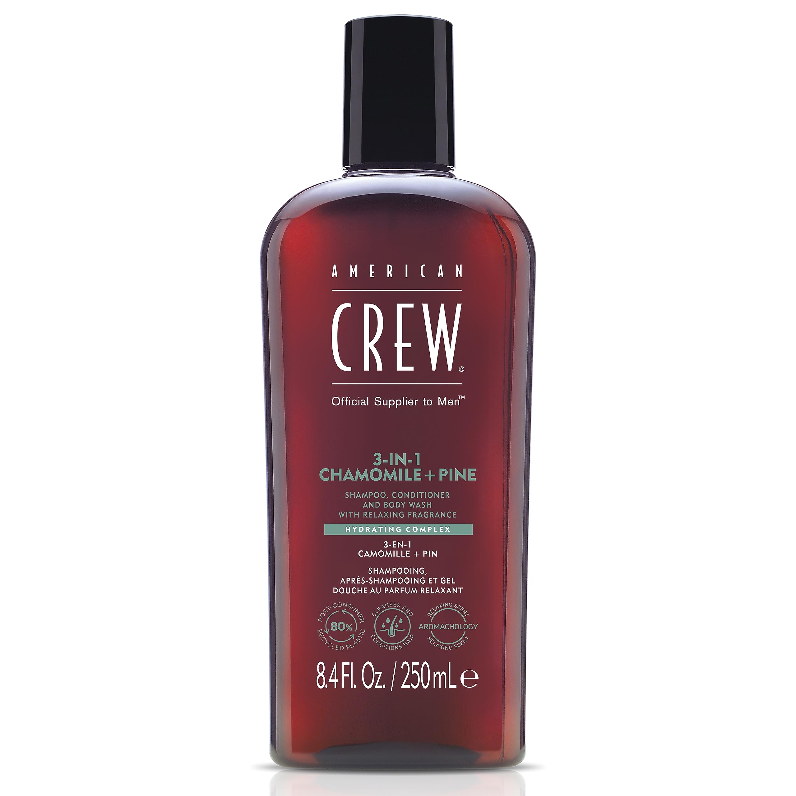 American Crew 3-in-1 Chamomile & Pine bottle sideview for streamlined grooming routine