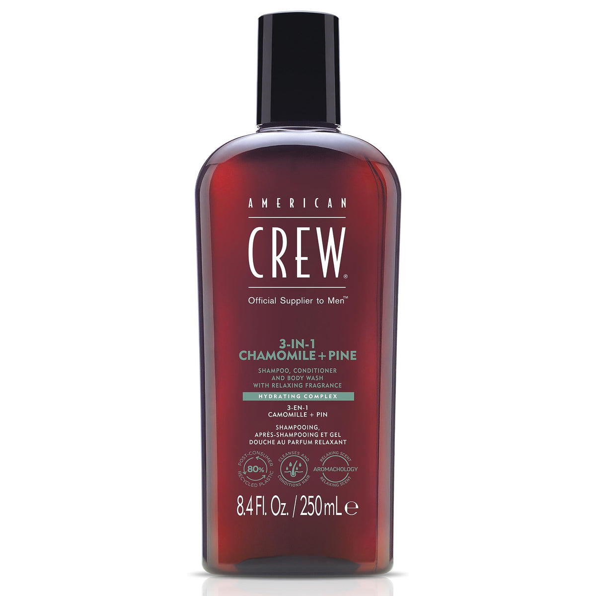 American Crew 3-in-1 Chamomile & Pine bottle sideview for streamlined grooming routine