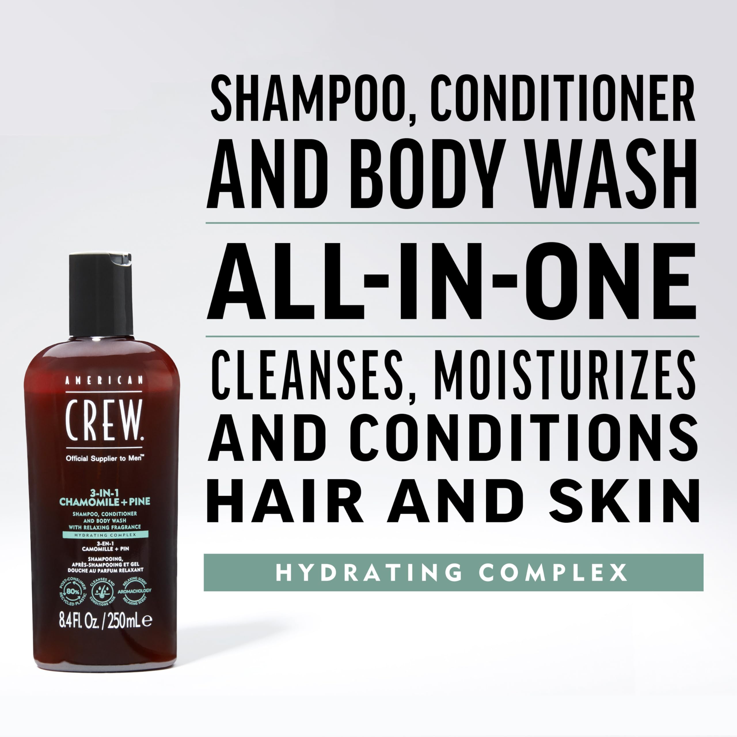 American Crew 3-in-1 Chamomile & Pine pour closeup showing easy, convenient wash