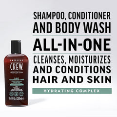 American Crew 3-in-1 Chamomile & Pine pour closeup showing easy, convenient wash