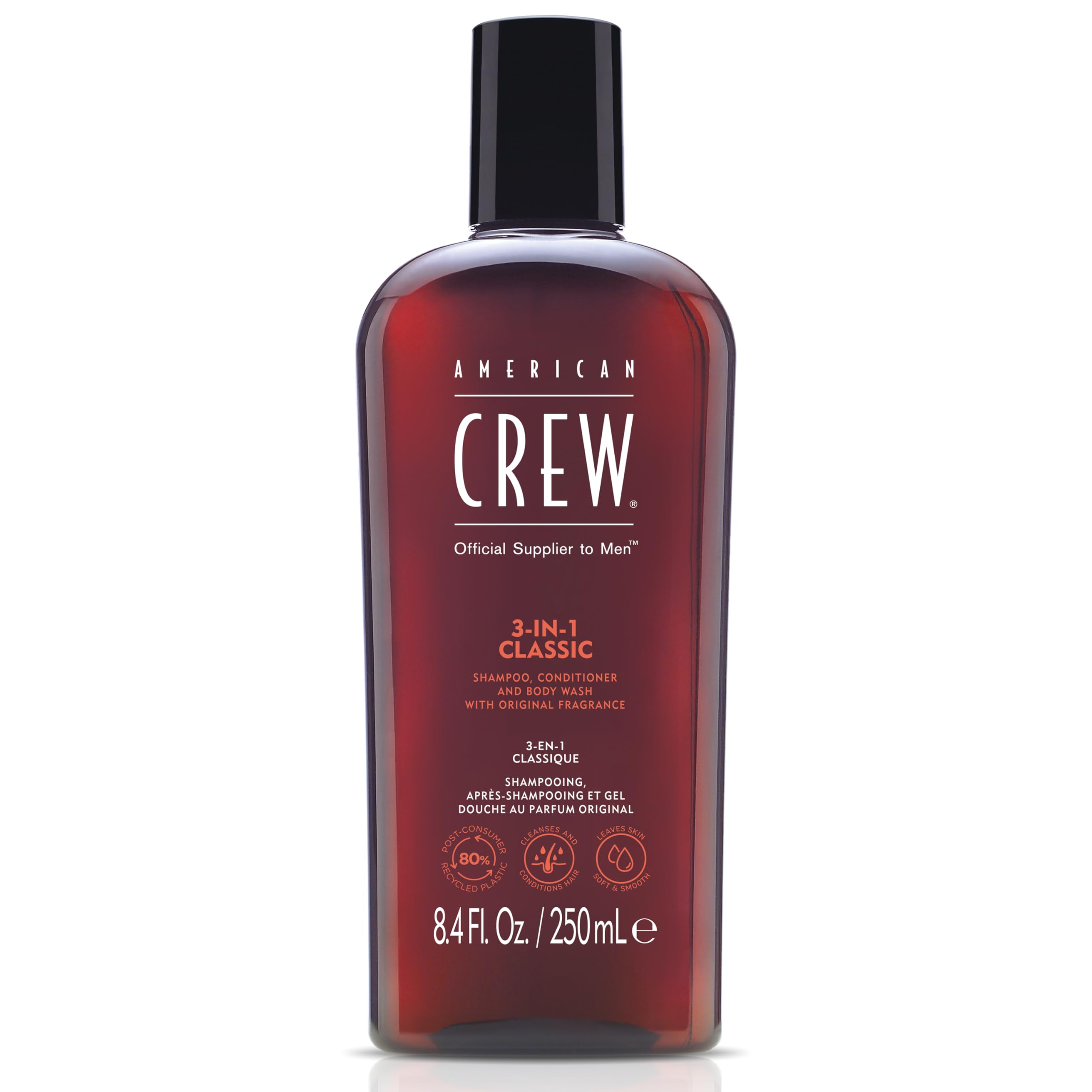 American Crew 3-in-1 bottle pour for quick all-in-one cleanse of hair and skin.