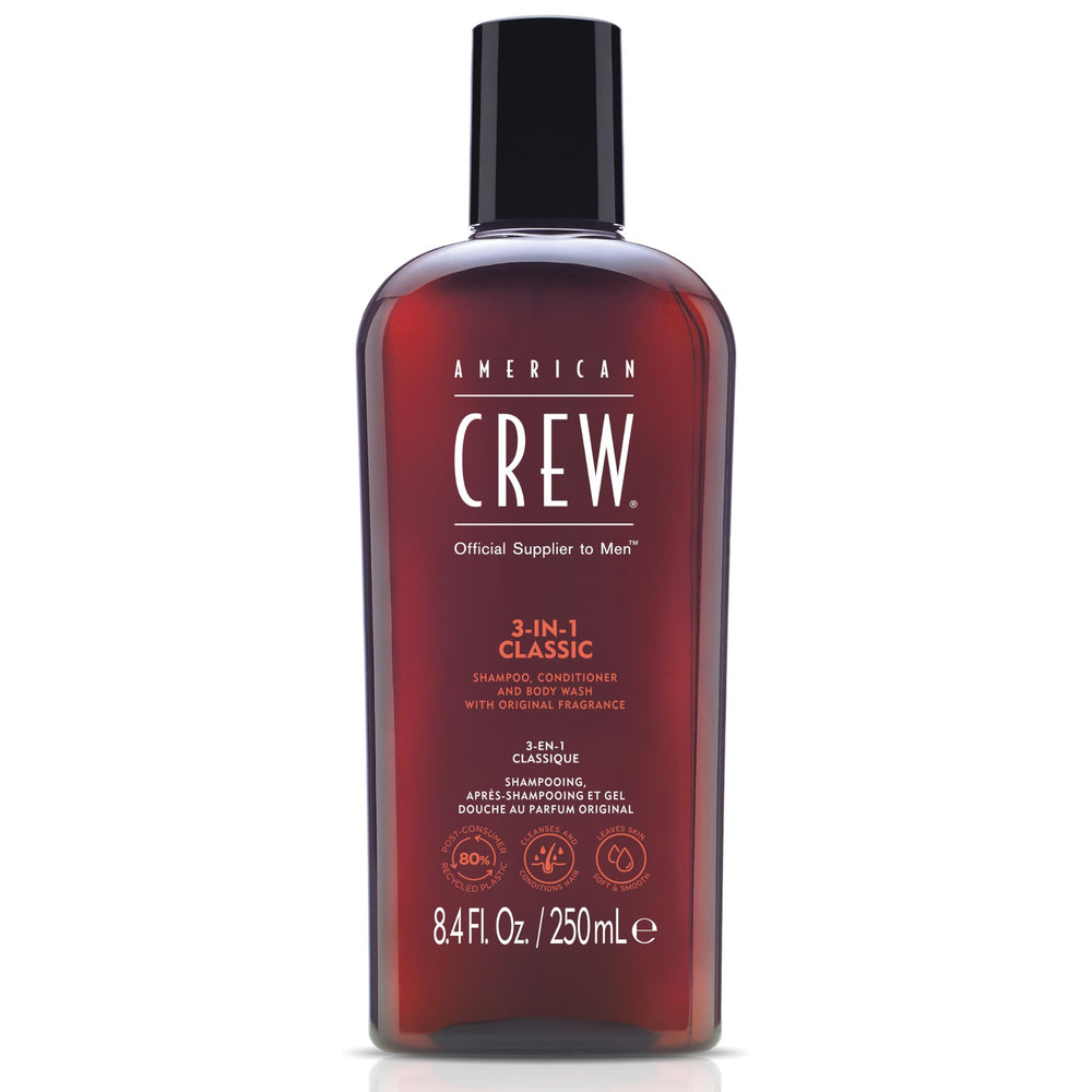 American Crew 3-in-1 bottle pour for quick all-in-one cleanse of hair and skin.
