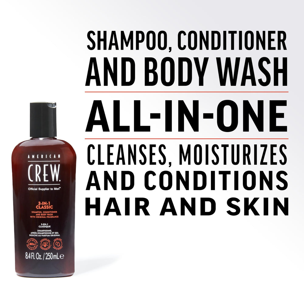 American Crew 3-in-1 lathering action shows detangling hair and hydrating skin.