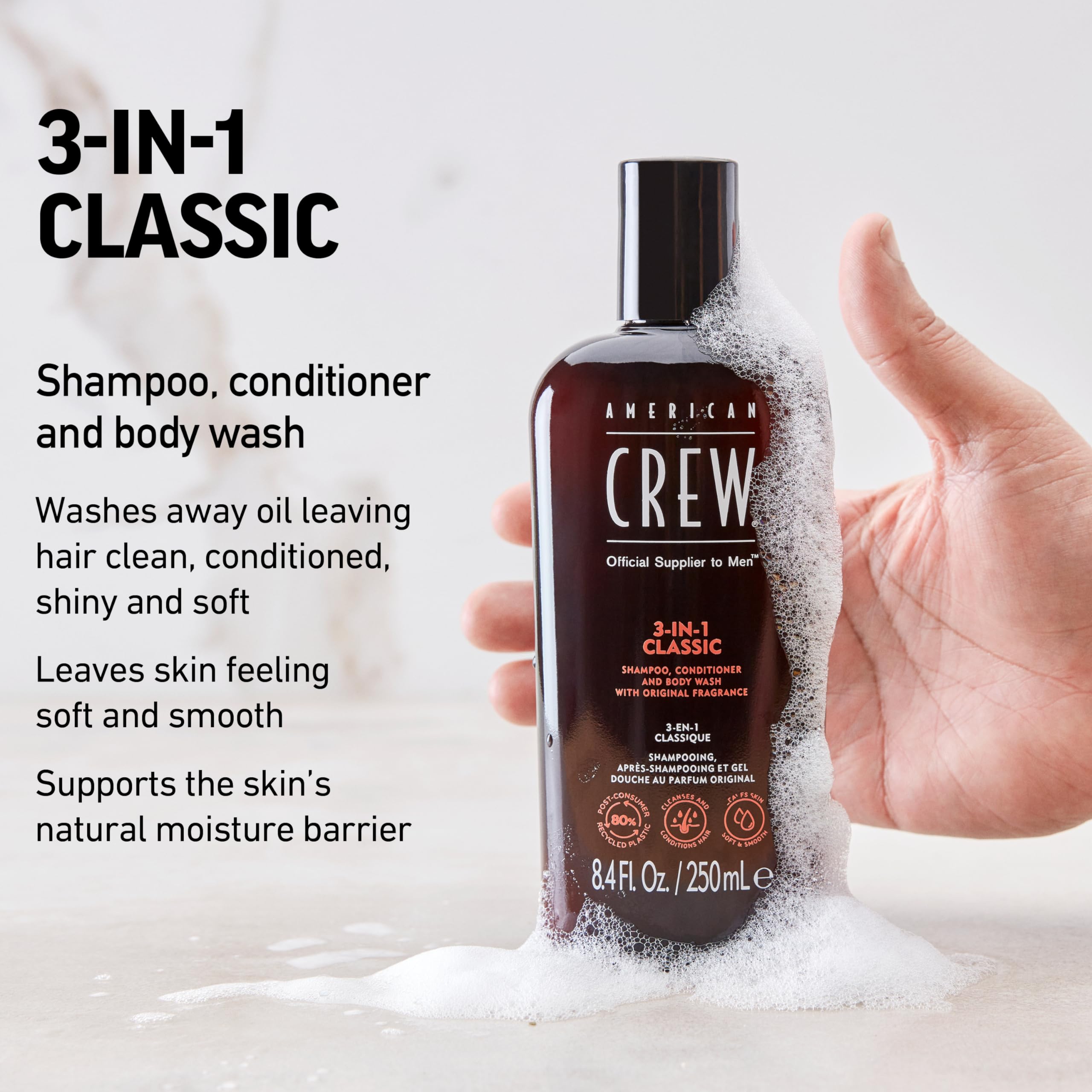 American Crew 3-in-1 packaging highlights a versatile grooming solution for men.