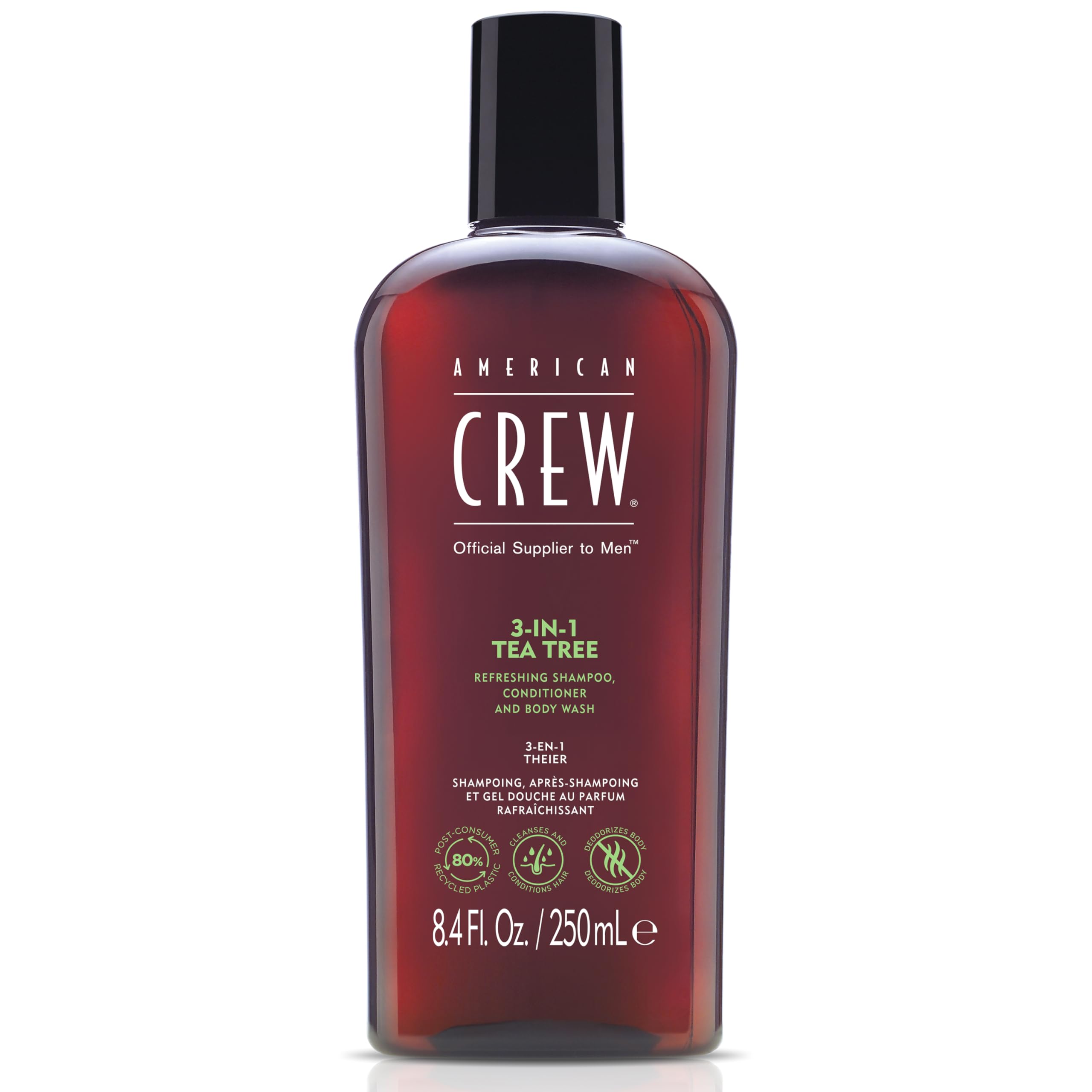 American Crew 3-in-1 Tea Tree bottle front, versatile grooming essential for hair and skin refreshing